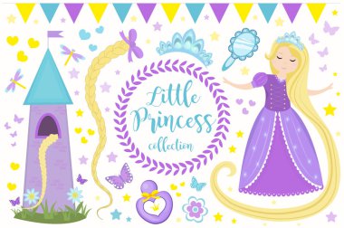 Cute little princess Rapunzel set objects. Collection design element with pretty girl, tower, butterfly, accessories. Kids baby clip art funny smiling character. Vector iillustration. clipart