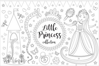 Sevimli küçük prenses Rapunzel çocuklar için boyama kitap sayfası ayarlayın. Tasarım öğesi çizim anahat, doodle tarzı koleksiyonu. Çocuk bebek klip resim komik gülümseyen kiti. Vektör çizimi