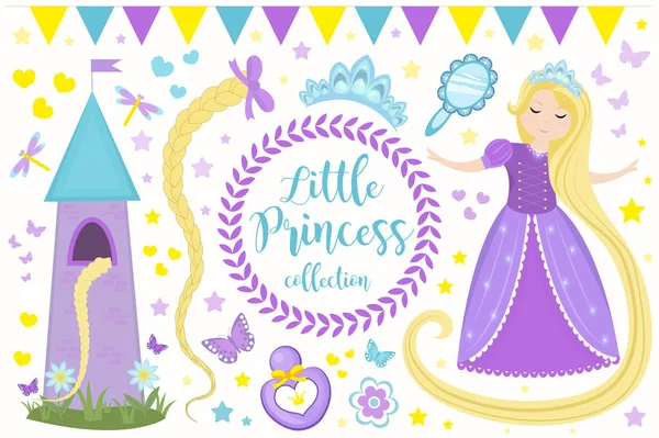 Roztomilá princeznička Rapunzel nastaví předměty. Návrhový prvek sbírky s krásnou dívkou, věží, motýlem, příslušenstvím. Dětský kliparty legrační charakter. Vektorová iilustrace. — Stockový vektor