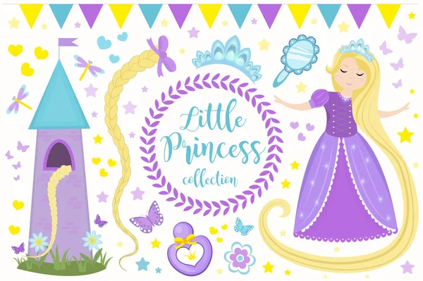 Linda princesita Rapunzel conjunto de objetos. Elemento de diseño de la colección con chica bonita, torre, mariposa, accesorios. Niños bebé clip arte divertido personaje sonriente. Ilustración vectorial . — Archivo Imágenes Vectoriales