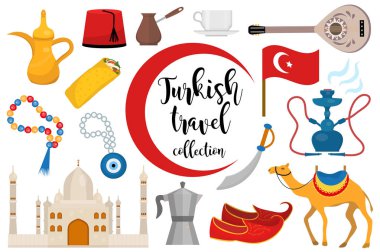 Türkiye seyahat düz simge seti, karikatür tarzı. Deve, Buzuk, cami, nargile, şawarma, göz muskası ile tasarım elemanları Nın Türk Koleksiyonu. Vektör çizimi