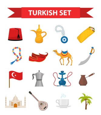 Türkiye seyahat düz simge seti, karikatür tarzı. Deve, Buzuk, cami, nargile, şawarma, göz muskası ile tasarım elemanları Nın Türk Koleksiyonu. Vektör çizimi