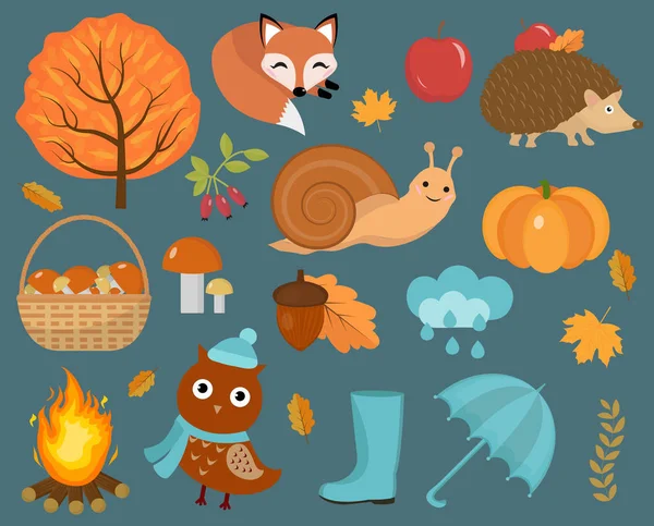 Hej satt hösten ikoner platt eller tecknad stil. Collection designelement med blad, träd, svamp, pumpa, vilda djur, paraply och stövlar. Isolerade på vit bakgrund. Vektorillustration — Stock vektor