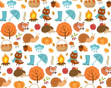 Yapraklar, ağaçlar, mantar, kabak, vahşi hayvanlar, şemsiye ve botlar ile Sonbahar dikişsiz desen. Sonsuz arka plan, yinelenen doku. Vektör çizimi
