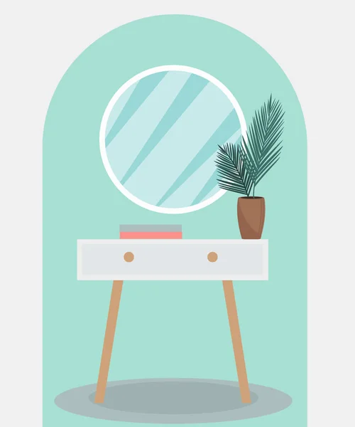 Ronde spiegel op een vintage sokkel tafel in de slaapkamer. Modern trendy interieur. Plant in de kamer, retro meubels. Vectorillustratie — Stockvector