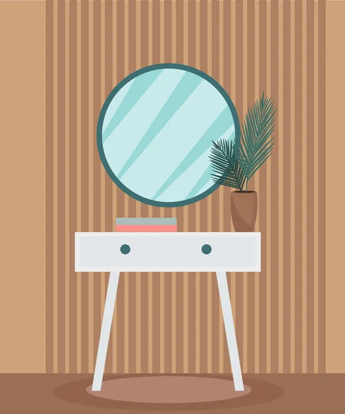 Espelho redondo em uma mesa de pedestal vintage no quarto. Design de interiores moderno e moderno. Planta no quarto, mobília retro. Ilustração vetorial — Vetor de Stock