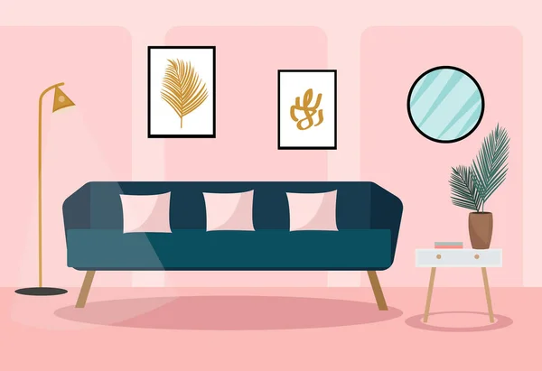 リビングルームでベルベットのソファ。モダンなトレンディーなインテリアデザイン。部屋の植物、レトロな家具。ベクターイラスト — ストックベクタ