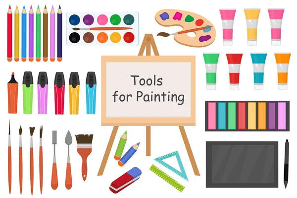 Outils d'art jeu d'icônes de style plat. Outil de dessin, collection d'objets d'artiste avec marqueurs, peintures, crayons, pinceaux, tablette, stylet. Accessoires scolaires. Illustration vectorielle — Image vectorielle