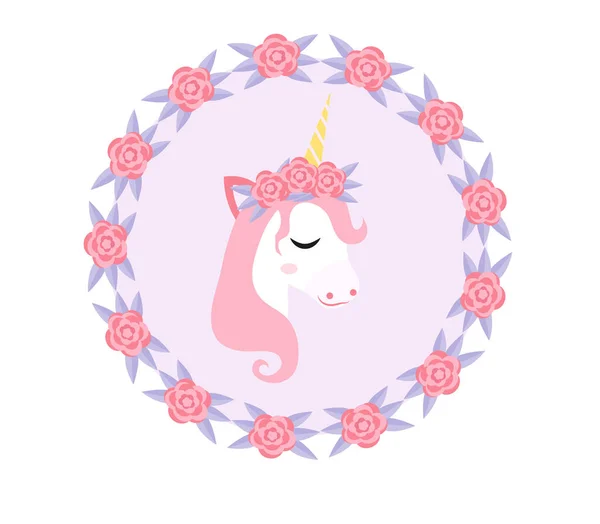 Lindo unicornio, estilo moderno de dibujos animados. Pony de hadas con flores. Ilustración vectorial — Vector de stock