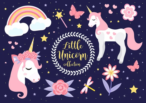 Carino piccolo unicorno set, moderno stile cartone animato. Collezione fiabesca per bambini con arcobaleno, fiori, stelle, magia. Illustrazione vettoriale — Vettoriale Stock