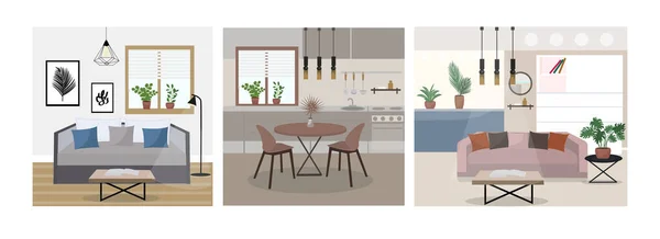Сучасний трендовий дизайн інтер'єру плоский стиль набір. Спальня, кухня у вітальні. Векторні ілюстрації — стоковий вектор