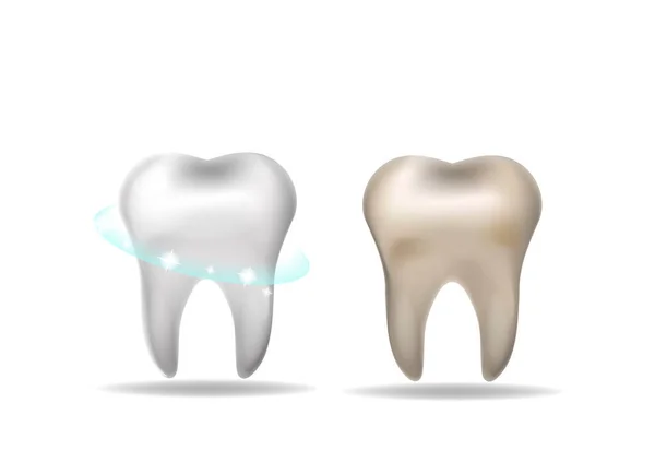 Концепція відбілювання зубів. Білий зуб і жовтий брудний реалістичний 3d стиль. Векторні ілюстрації — стоковий вектор