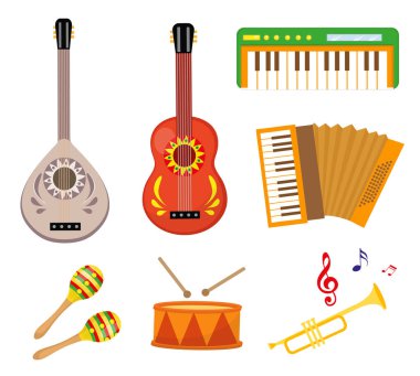 Müzik aletleri simgesi düz çizgi film tarzı ayarlandı. Gitarlı, buzlu, davullu, trompetli, sentezleyicili koleksiyon. Vektör illüstrasyonu