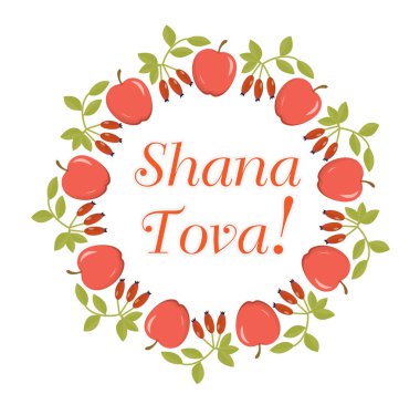 Shana Tova Tatil Düz Vektör Şablonu, yuvarlak çerçeve. Rosh Hashanah kartpostal ve poster tasarımı için botanik sınırını kutluyor. Vektör illüstrasyonu