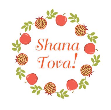 Shana Tova Tatil Düz Vektör Şablonu, yuvarlak çerçeve. Rosh Hashanah kartpostal ve poster tasarımı için botanik sınırını kutluyor. Vektör illüstrasyonu