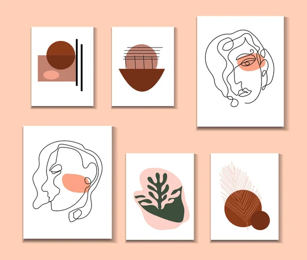 Elemento de design moderno abstrato, formas geométricas e faces de uma linha de mulheres. Estilo de tendência minimalismo. Ilustração vetorial — Vetor de Stock