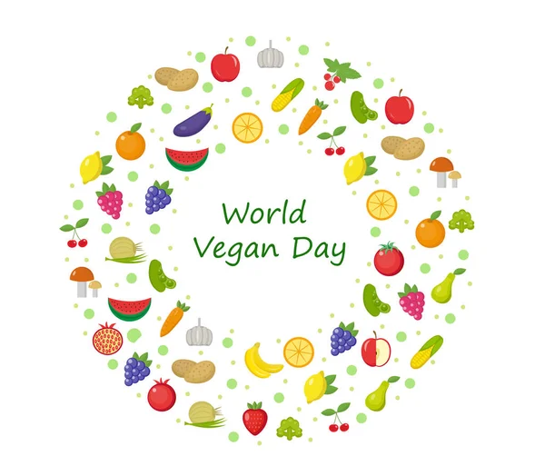 Journée mondiale végétalienne. Légumes et fruits, aliments sains, perte de poids, aliments crus concept modèle. Illustration vectorielle — Image vectorielle