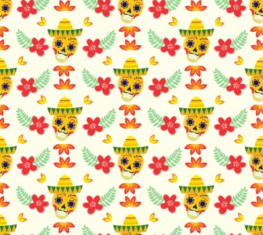 Ölü Meksikalı 'nın kusursuz şablonu. Dia de los muertos yinelenen doku. Şeker kafatası, iskelet, çiçekler sonsuz arka plan. Vektör illüstrasyonu