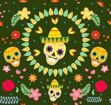 Ölü Meksikalı 'nın kusursuz şablonu. Dia de los muertos yinelenen doku. Şeker kafatası, iskelet, çiçekler sonsuz arka plan. Vektör illüstrasyonu