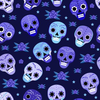 Ölü Meksikalı 'nın kusursuz şablonu. Dia de los muertos yinelenen doku. Şeker kafatası, iskelet, çiçekler sonsuz arka plan. Vektör illüstrasyonu