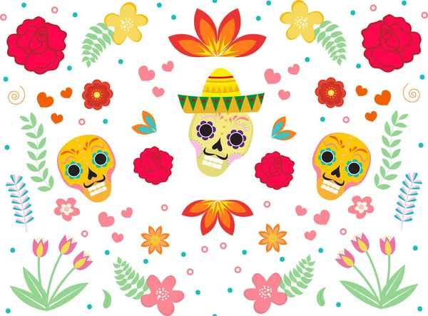Dag van de Dode Mexicaanse naadloze patroon. Dia de los muertos herhalende textuur. suikerschedel, skelet, bloemen eindeloze achtergrond. Vectorillustratie — Stockvector