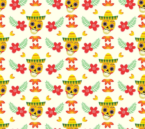 Patrón sin costura del Día de los Muertos Mexicanos. Dia de los muertos repitiendo textura. Cráneo de azúcar, esqueleto, flores fondo sin fin. Ilustración vectorial — Archivo Imágenes Vectoriales