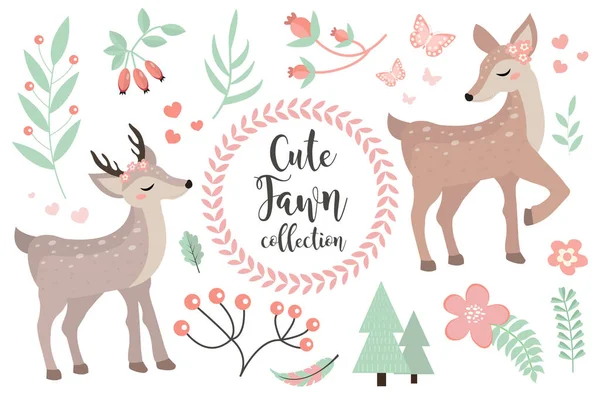 Niedliche fawn Zeichensatz von Objekten. Kollektion von Gestaltungselementen mit Hirschen, Pflanzen, Blumen. Kinder Baby Clip Art lustig lächelnd Waldtier. Vektorillustration — Stockvektor