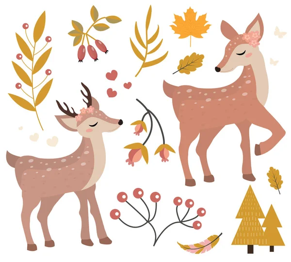 秋の森のオブジェクトのセットでかわいいファン。小さな鹿、秋の植物、花のデザイン要素のコレクション。子供の赤ちゃんクリップアート面白い笑顔動物。ベクターイラスト — ストックベクタ