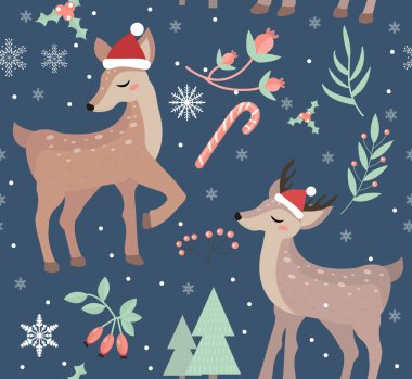 Mutlu noeller, kusursuz desen. Kış ormanında tatlı bir geyik sürüsü. Noel Baba şapkası takan küçük bir geyik. Sonsuz kar taneleri. Vektör illüstrasyonu