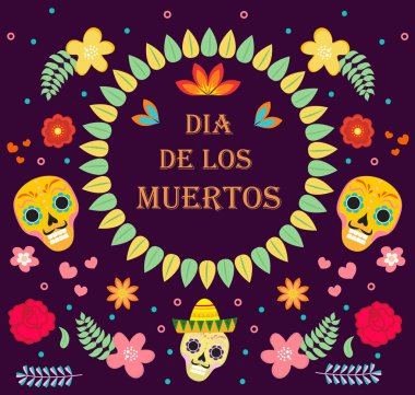 Ölü Meksika bayramı ikonlarının günü düz stil. Dia de los muertos eşya koleksiyonu, şeker kafatası, iskelet, çiçek desenli elementler. Vektör illüstrasyonu