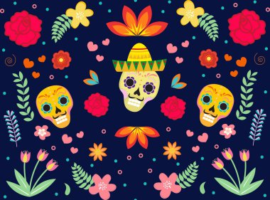 Ölü Meksikalı 'nın kusursuz şablonu. Dia de los muertos yinelenen doku. Şeker kafatası, iskelet, çiçekler sonsuz arka plan. Vektör illüstrasyonu