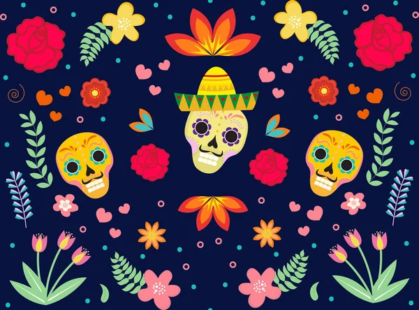 Jour de la Mort mexicaine motif sans couture. Dia de los muertos texture répétitive. crâne de sucre, squelette, fleurs fond sans fin. Illustration vectorielle — Image vectorielle