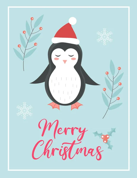 Feliz Natal cartão bonito com pinguim em Papai Noel. Férias de inverno modelo de ano novo para o seu design. Ilustração vetorial —  Vetores de Stock