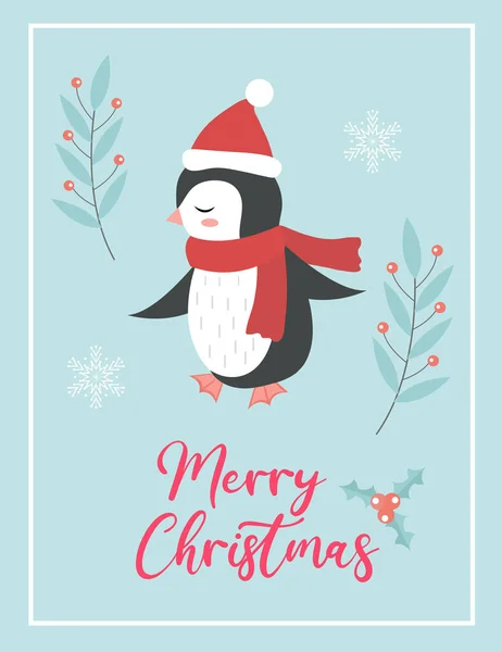 Feliz Natal cartão bonito com pinguim em Papai Noel. Férias de inverno modelo de ano novo para o seu design. Ilustração vetorial —  Vetores de Stock