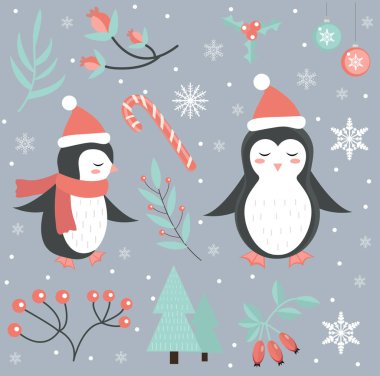 Kış ormanı nesnelerinin arasında sevimli bir penguen. Kar taneleri ve Noel ağacı olan tasarım elementleri koleksiyonu. Mutlu noel kartpostalları. Vektör illüstrasyonu.