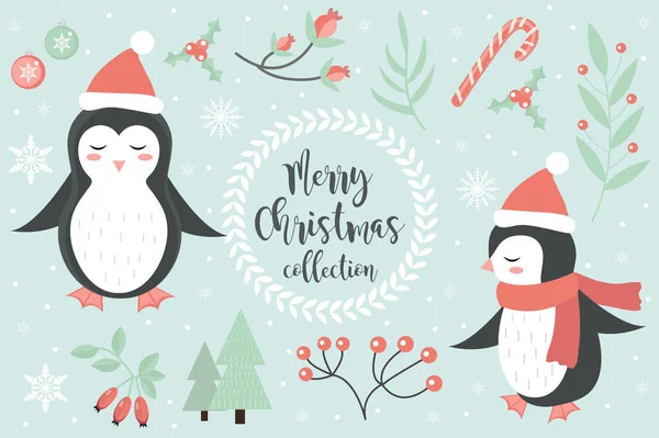 Roztomilý tučňák v zimní lesní sadě objektů. Kolekce designových prvků se sněhovými vločkami a vánoční stromeček. Veselé vánoční pohlednice. Vektorová ilustrace — Stockový vektor