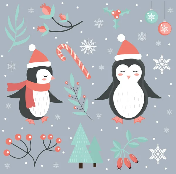 Roztomilý tučňák v zimní lesní sadě objektů. Kolekce designových prvků se sněhovými vločkami a vánoční stromeček. Veselé vánoční pohlednice. Vektorová ilustrace. — Stockový vektor