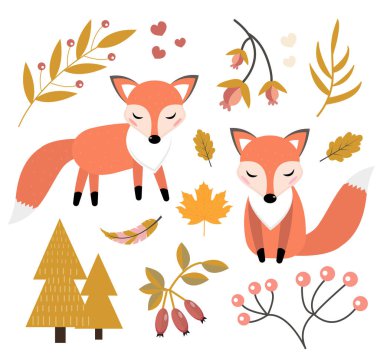 Güz ormanı nesnelerinin arasında şirin bir tilki. Biraz tilki, sonbahar bitkileri ve çiçekli tasarım elementleri koleksiyonu. Çocuklar bebek klipsleri, komik, gülümseyen hayvanlar. Vektör illüstrasyonu