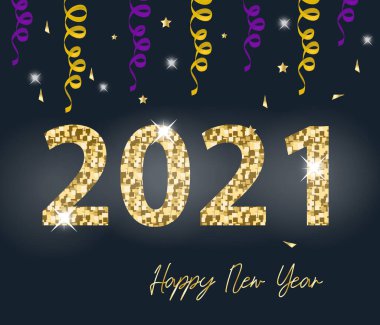 Mutlu yıllar 2021. Tebrik kartı, tasarımınız için sim efektli davetiye şablonu. Vektör illüstrasyonu