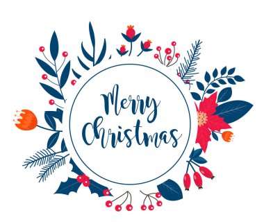 Kış bitkileriyle, Holly, poinsettia, köknar dalıyla, çam ağacıyla mutlu noel çerçevesi afişi. Tasarımınız için şablon, kartpostallar, davetiyeler. Vektör illüstrasyonu