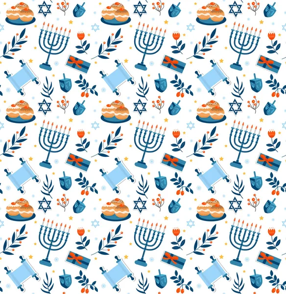 Felice Hanukkah modello senza soluzione di continuità. Festa ebraica Hanukkah ripetizione texture, sfondo infinito. Illustrazione vettoriale — Vettoriale Stock