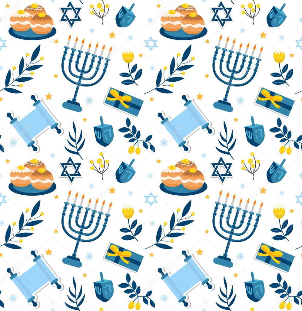 Happy hanukkah seamless pattern. Hanukkah Jewish holiday repeating texture, endless background. Vector illustration