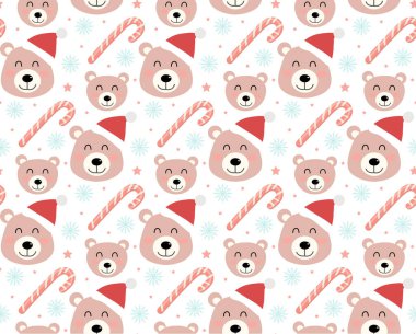 Mutlu noeller, kusursuz desen. Noel Baba şapkası takmış sevimli bir oyuncak ayı, kar taneleri sonsuz doku arkaplanı. Vektör illüstrasyonu