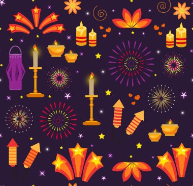 Diwali pürüzsüz desen, Hindistan tatil ışıkları tekrar eden doku. Vektör illüstrasyon arkaplanı