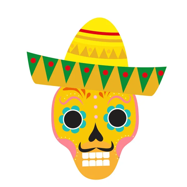 Día de la muerte cráneo en sombrero icono plano, estilo de dibujos animados. Ilustración vectorial — Archivo Imágenes Vectoriales