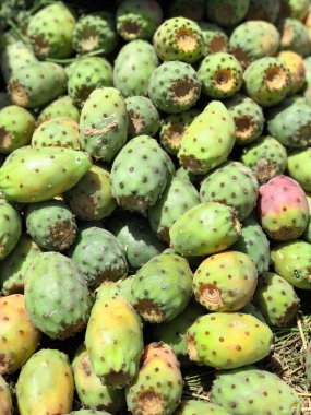 Fas 'ta bir sokak satıcısının masasında dikenli armutlar..