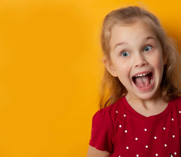 Beautiful little girl reacting emotionally screaming in shock — Stock Photo, Image