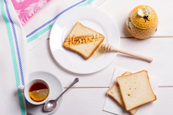 Breakfast Concept Fried Bread Toast Honey Tea Lemon Toast Inscription — Stock Photo, Image