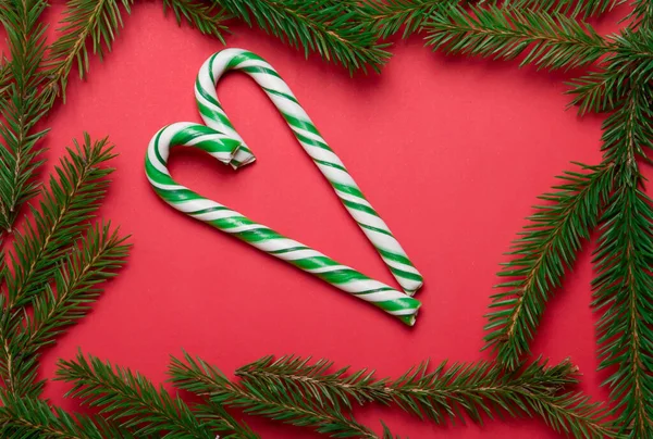 Karácsonyfa Cukornád Piros Háttérrel Újévi Téma Szöveg Helye — Stock Fotó