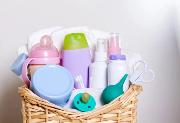 Basket Full Baby Care Accessories Motherhood — Stock Photo, Image